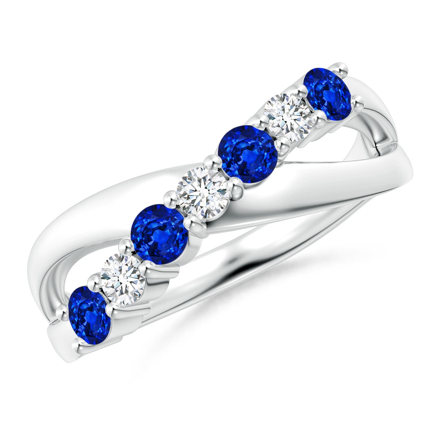 3mm AAAA Round Blue Sapphire and Diamond Crossover Ring in 18K White Gold