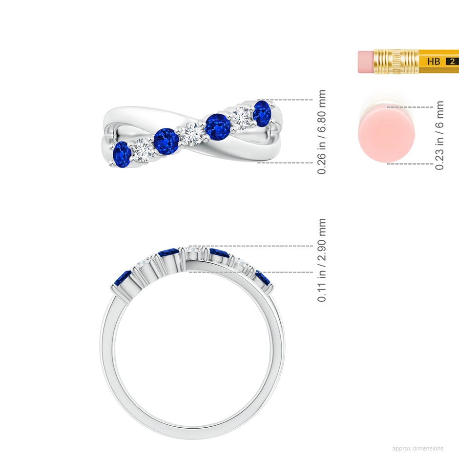 3mm AAAA Round Blue Sapphire and Diamond Crossover Ring in P950 Platinum ruler