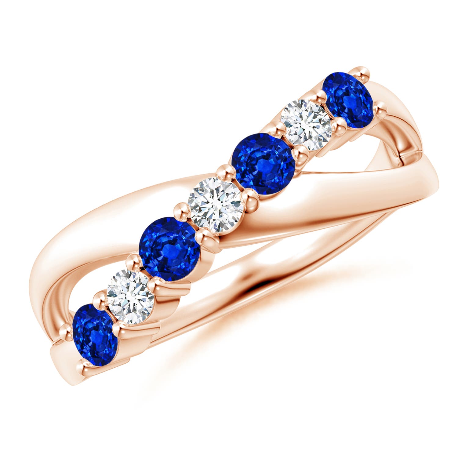 3mm AAAA Round Blue Sapphire and Diamond Crossover Ring in Rose Gold