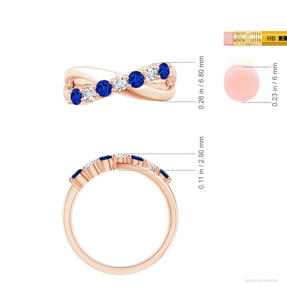 3mm AAAA Round Blue Sapphire and Diamond Crossover Ring in Rose Gold ruler