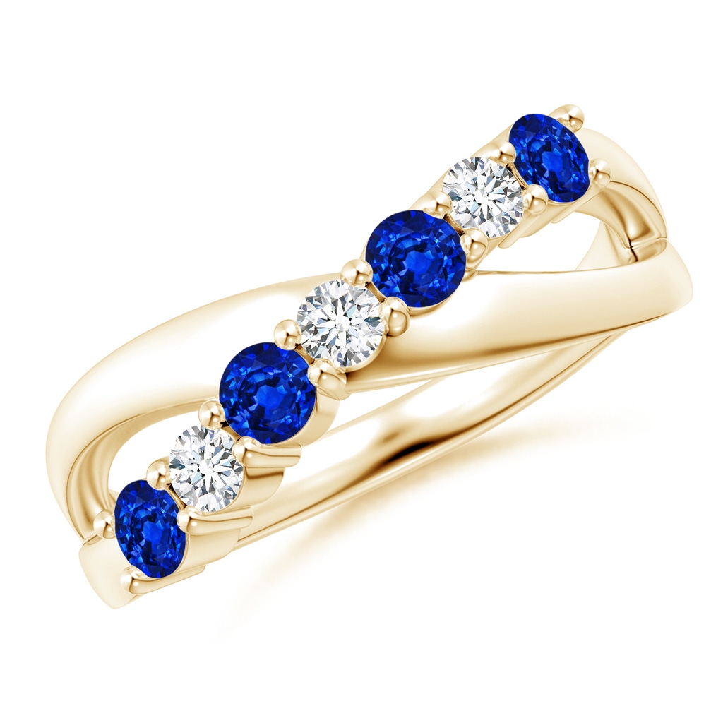 3mm Lab-Grown Round Blue Sapphire and Diamond Crossover Ring in Yellow Gold