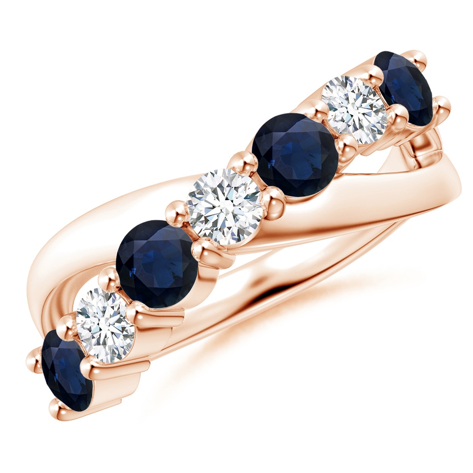 4mm A Round Blue Sapphire and Diamond Crossover Ring in 18K Rose Gold 