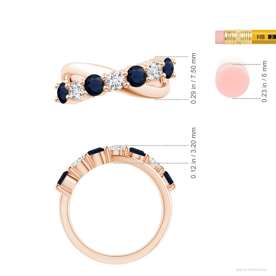 4mm A Round Blue Sapphire and Diamond Crossover Ring in 18K Rose Gold ruler