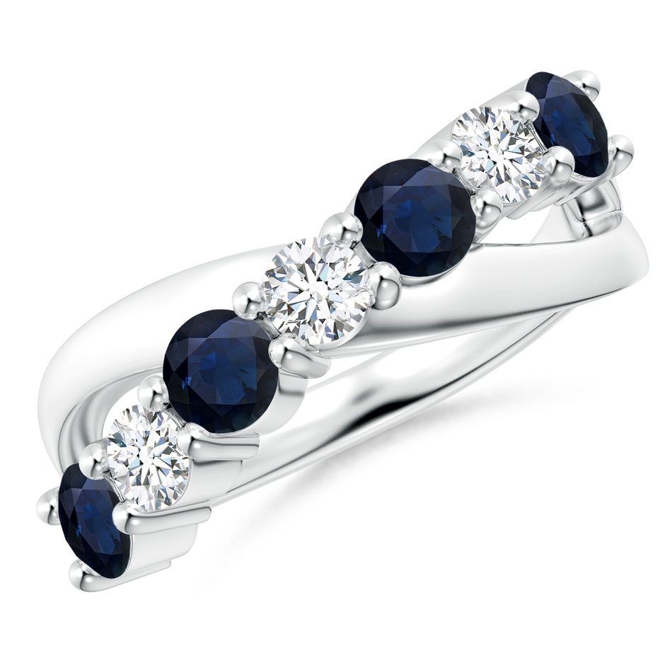 4mm A Round Blue Sapphire and Diamond Crossover Ring in 18K White Gold 