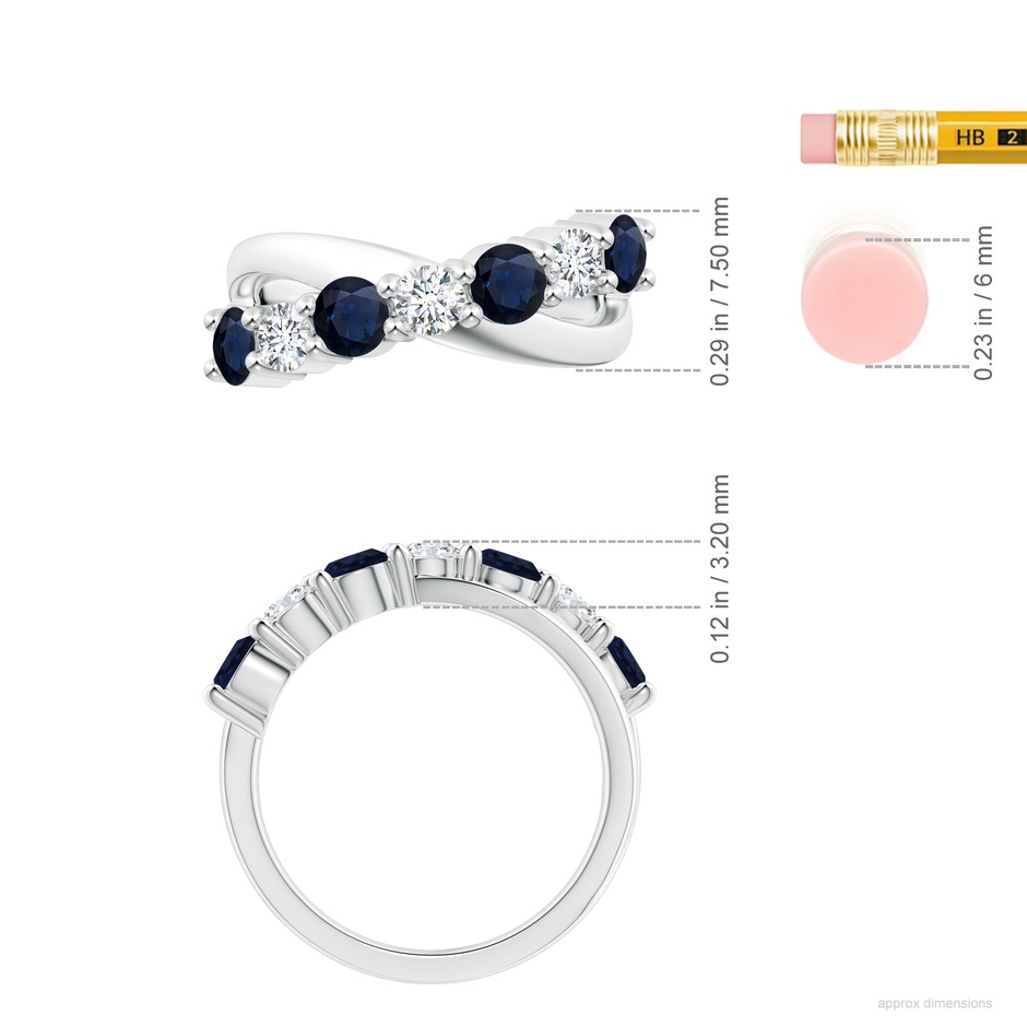 4mm A Round Blue Sapphire and Diamond Crossover Ring in 18K White Gold ruler