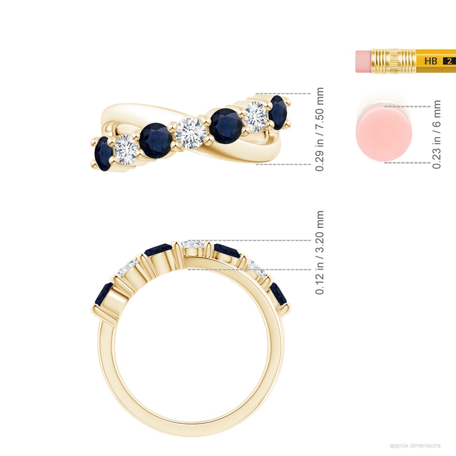 4mm A Round Blue Sapphire and Diamond Crossover Ring in Yellow Gold ruler