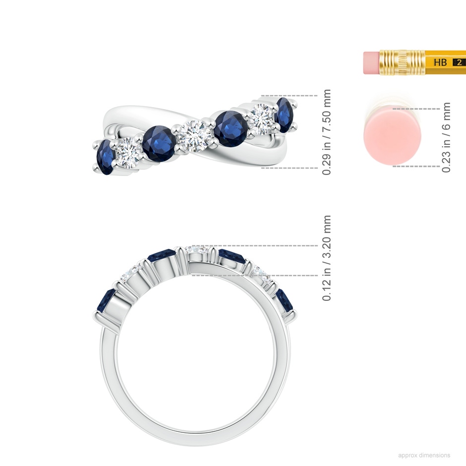 4mm AA Round Blue Sapphire and Diamond Crossover Ring in P950 Platinum ruler