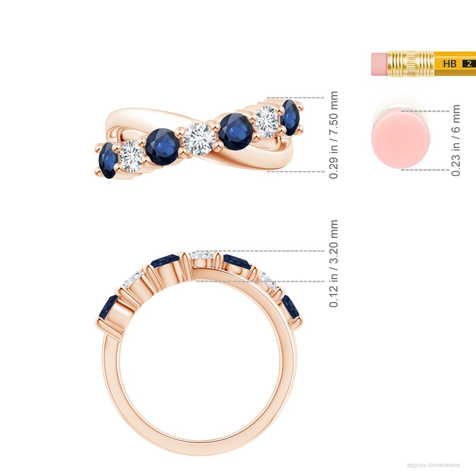 4mm AA Round Blue Sapphire and Diamond Crossover Ring in Rose Gold ruler