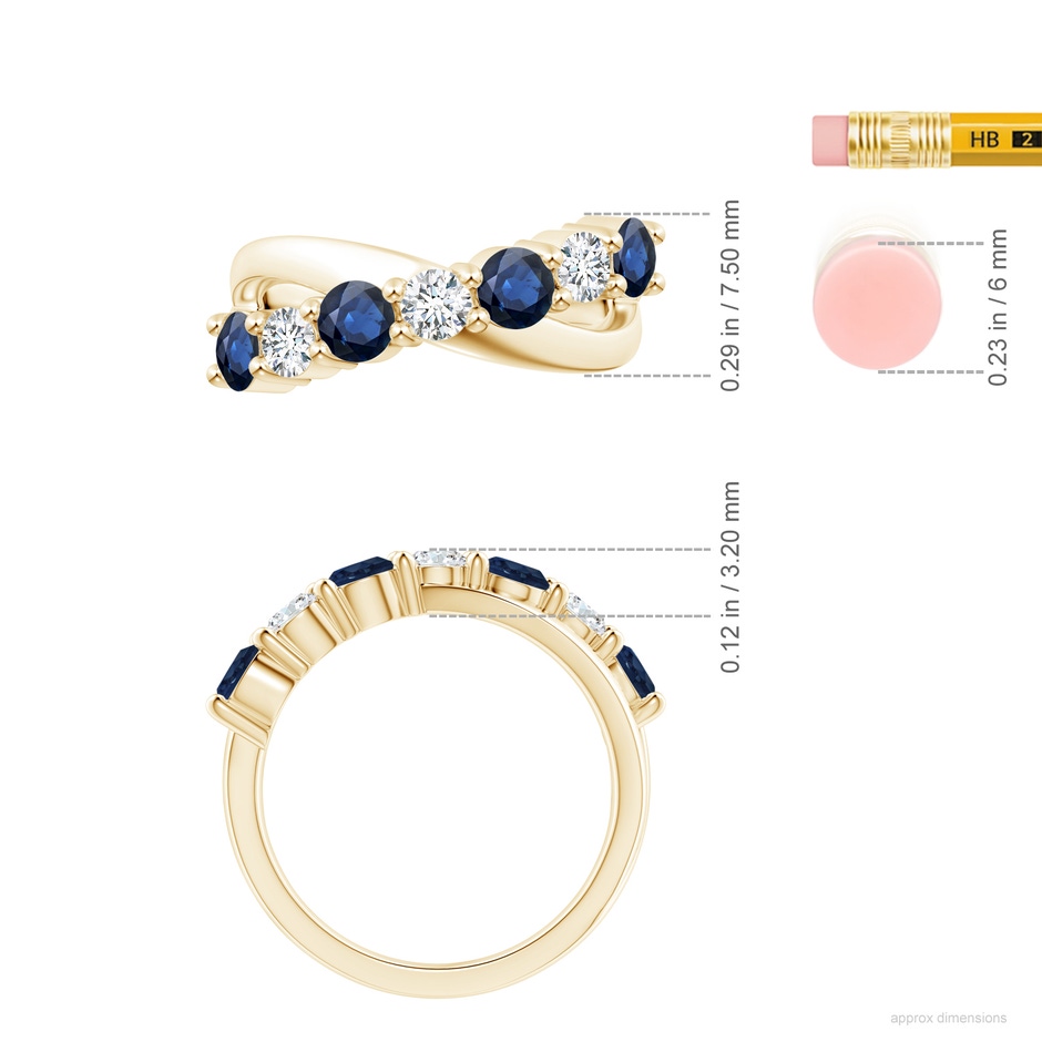 4mm AA Round Blue Sapphire and Diamond Crossover Ring in Yellow Gold ruler