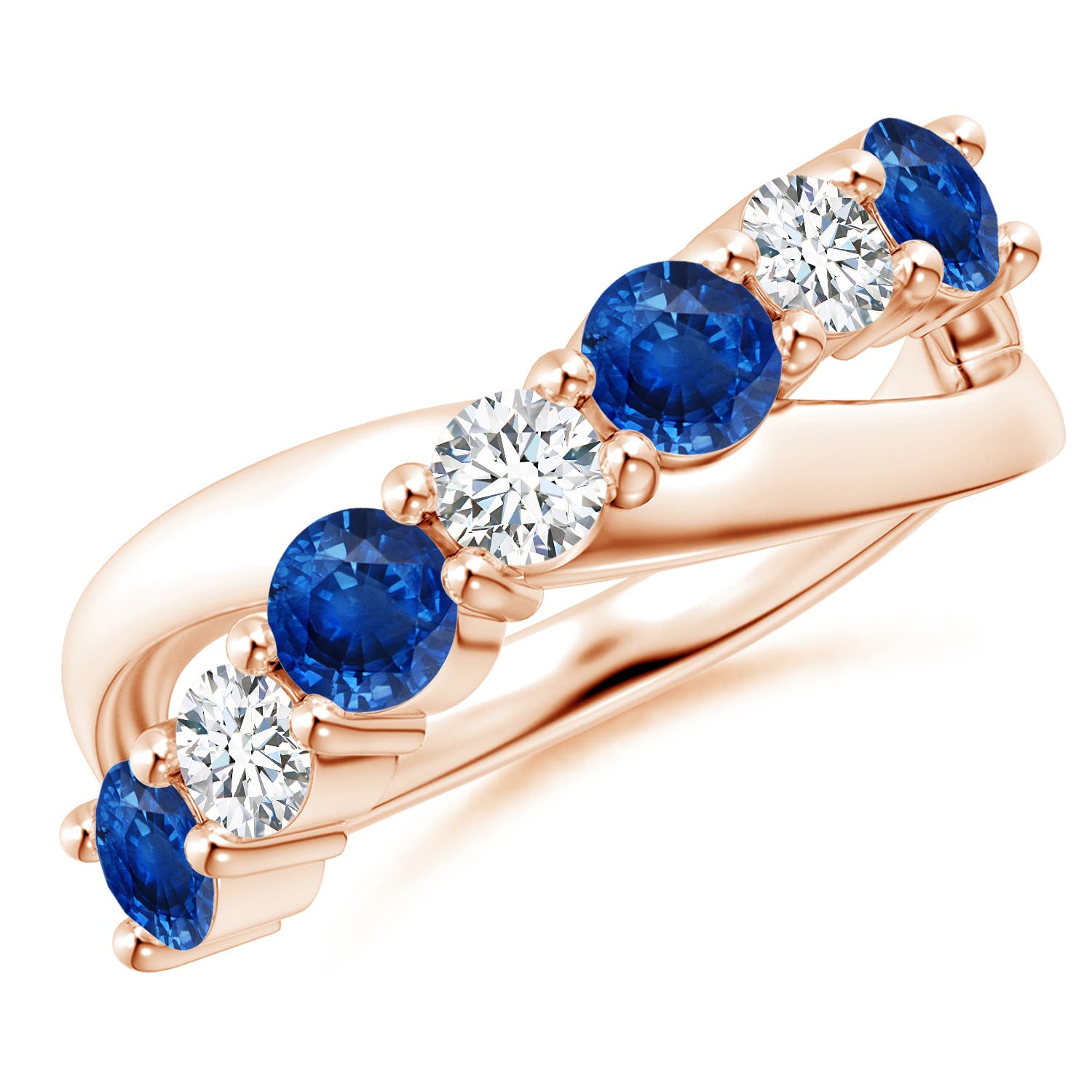 4mm AAA Round Blue Sapphire and Diamond Crossover Ring in 18K Rose Gold