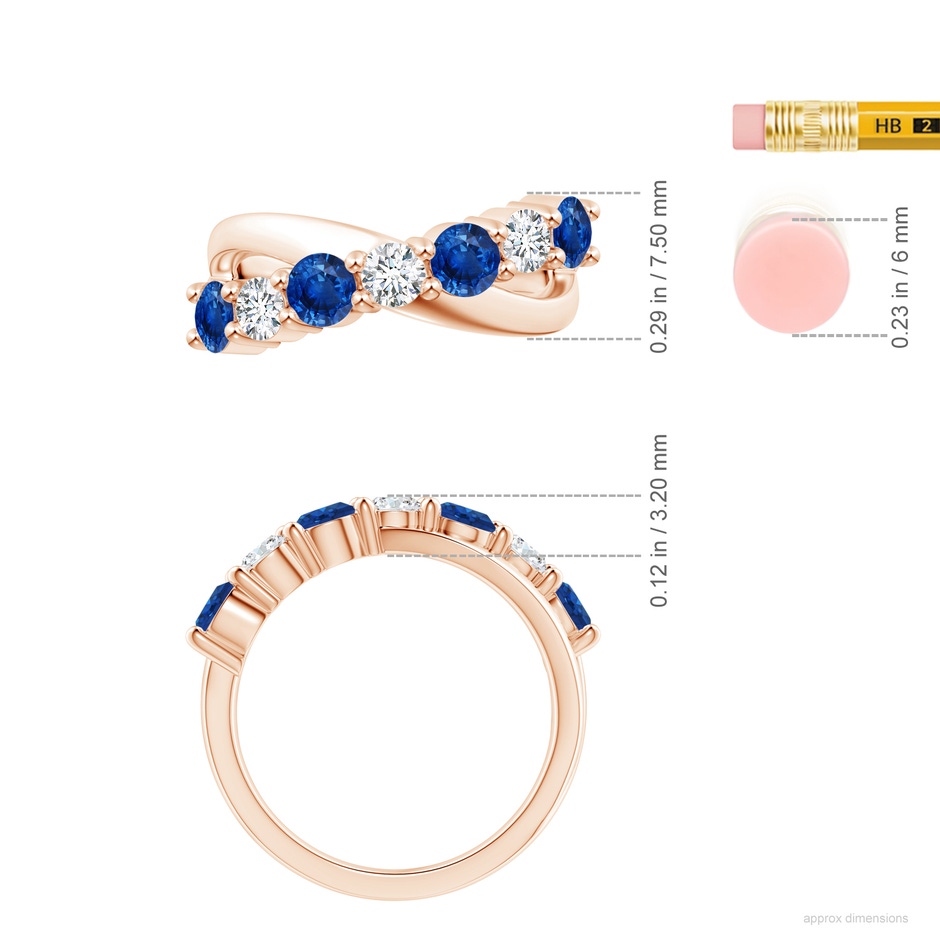 4mm AAA Round Blue Sapphire and Diamond Crossover Ring in 18K Rose Gold ruler