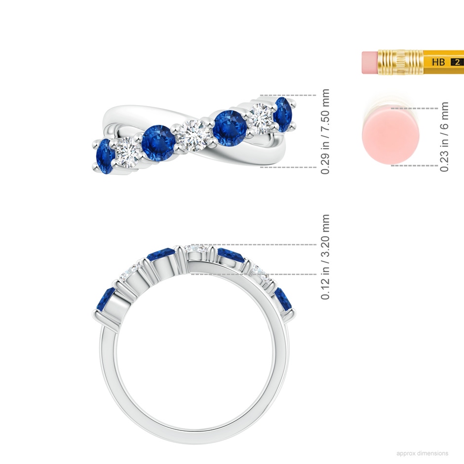 4mm AAA Round Blue Sapphire and Diamond Crossover Ring in 18K White Gold ruler
