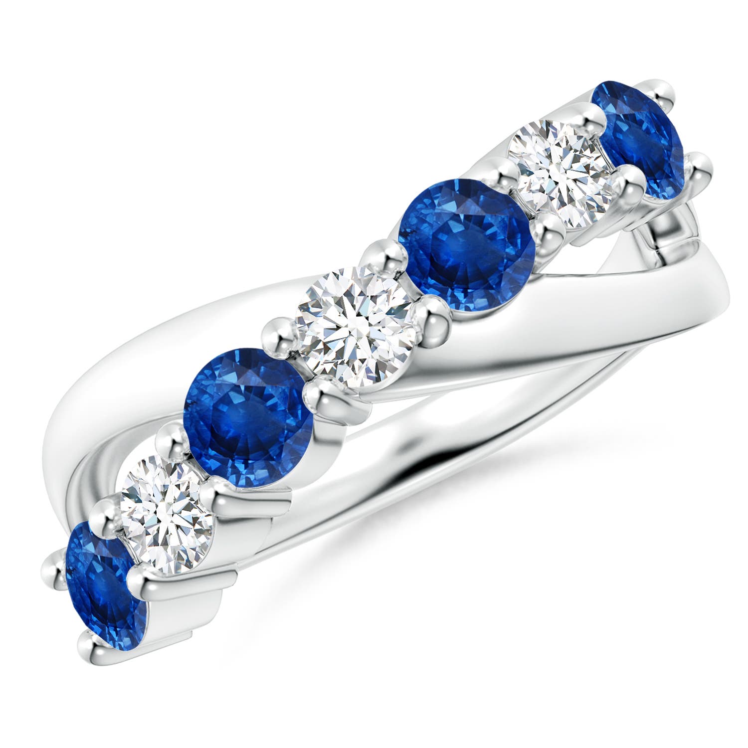 4mm AAA Round Blue Sapphire and Diamond Crossover Ring in White Gold