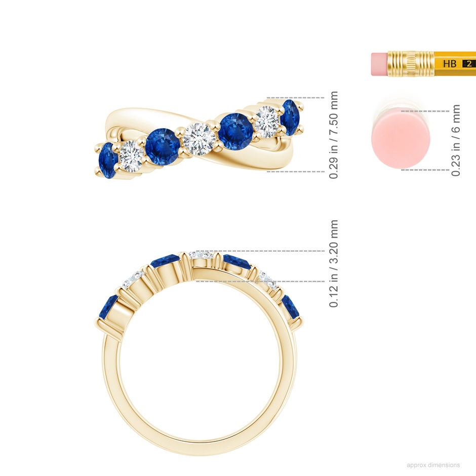 4mm AAA Round Blue Sapphire and Diamond Crossover Ring in Yellow Gold ruler