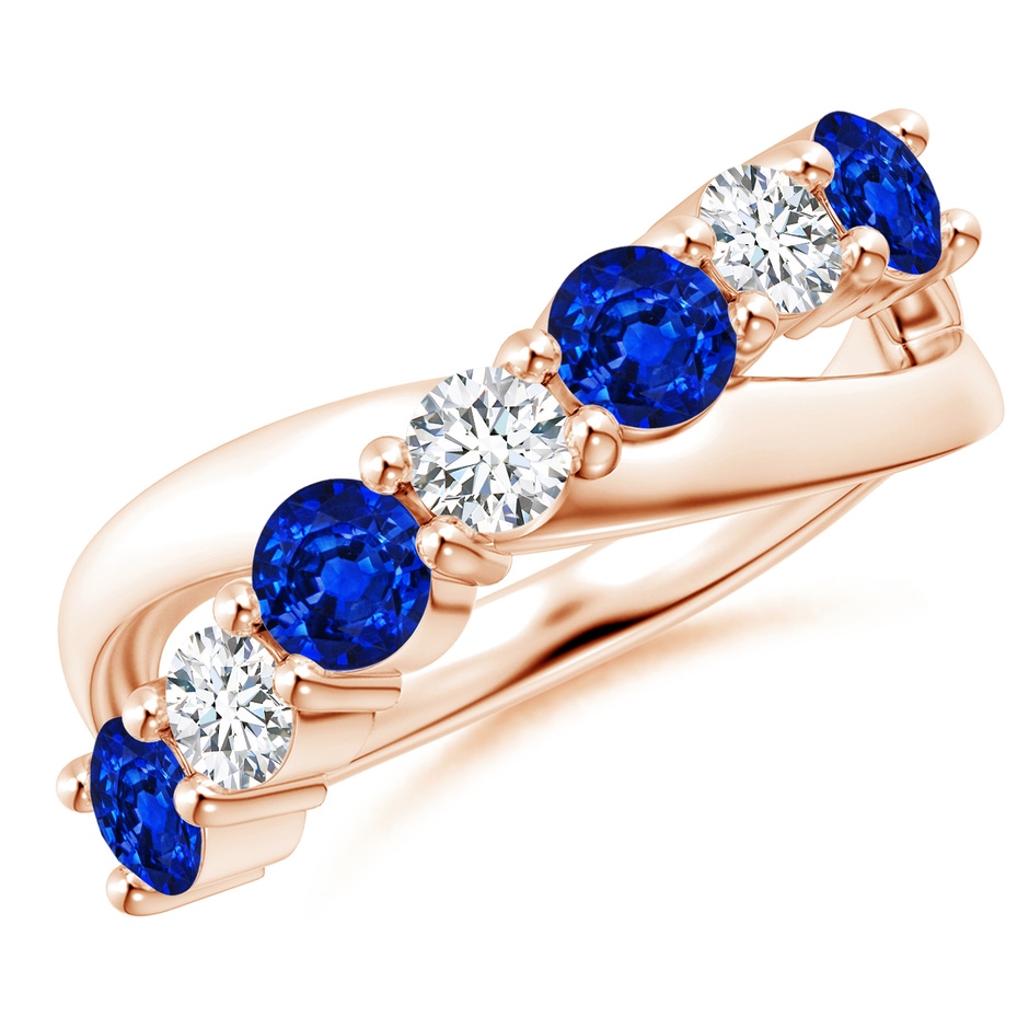 4mm AAAA Round Blue Sapphire and Diamond Crossover Ring in 18K Rose Gold 