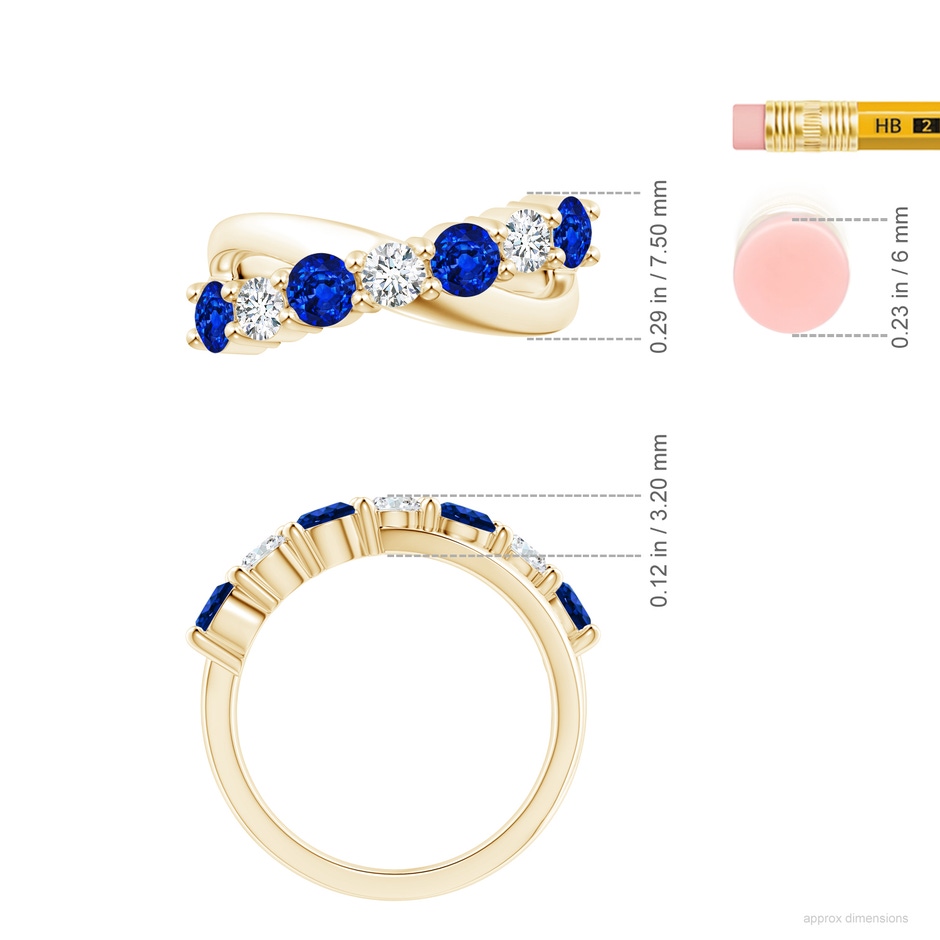 4mm AAAA Round Blue Sapphire and Diamond Crossover Ring in 18K Yellow Gold ruler