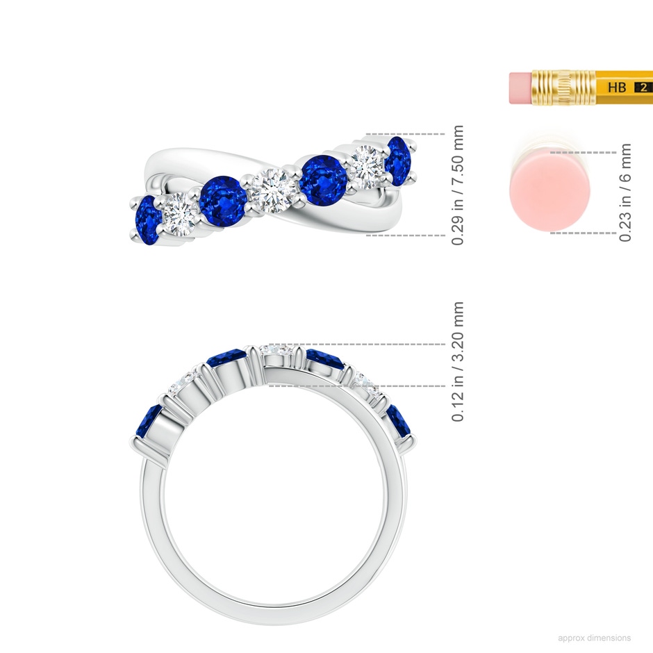 4mm AAAA Round Blue Sapphire and Diamond Crossover Ring in P950 Platinum ruler
