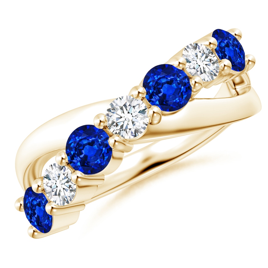 4mm AAAA Round Blue Sapphire and Diamond Crossover Ring in Yellow Gold 