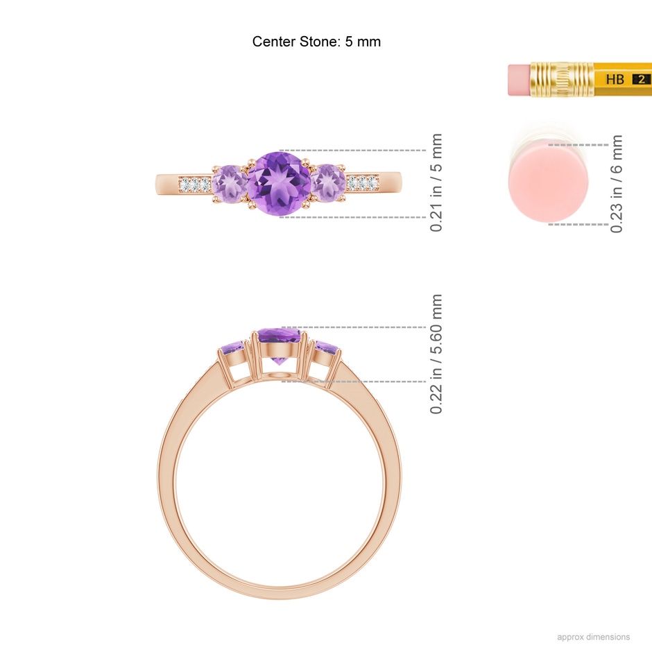 5mm A Three Stone Round Amethyst Ring with Diamond Accents in 18K Rose Gold ruler