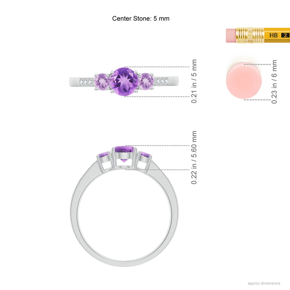 5mm A Three Stone Round Amethyst Ring with Diamond Accents in 18K White Gold ruler
