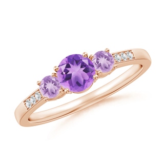 5mm A Three Stone Round Amethyst Ring with Diamond Accents in Rose Gold