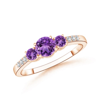 5mm AA Three Stone Round Amethyst Ring with Diamond Accents in 10K Rose Gold