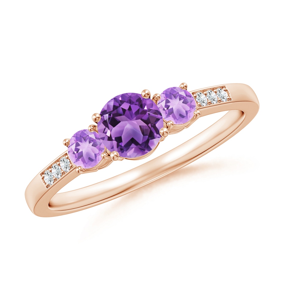 5mm AA Three Stone Round Amethyst Ring with Diamond Accents in 18K Rose Gold 