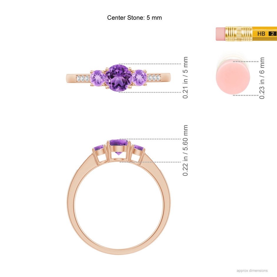 5mm AA Three Stone Round Amethyst Ring with Diamond Accents in 18K Rose Gold ruler