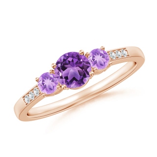5mm AA Three Stone Round Amethyst Ring with Diamond Accents in 9K Rose Gold