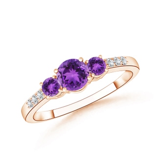 5mm AAA Three Stone Round Amethyst Ring with Diamond Accents in 10K Rose Gold