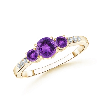5mm AAA Three Stone Round Amethyst Ring with Diamond Accents in 10K Yellow Gold