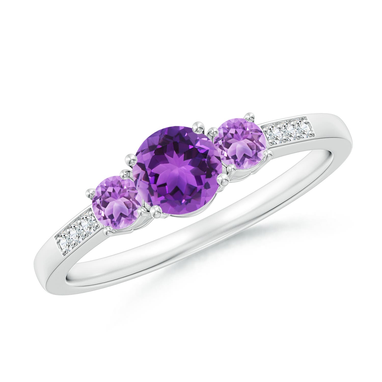 5mm AAA Three Stone Round Amethyst Ring with Diamond Accents in 18CT White Gold