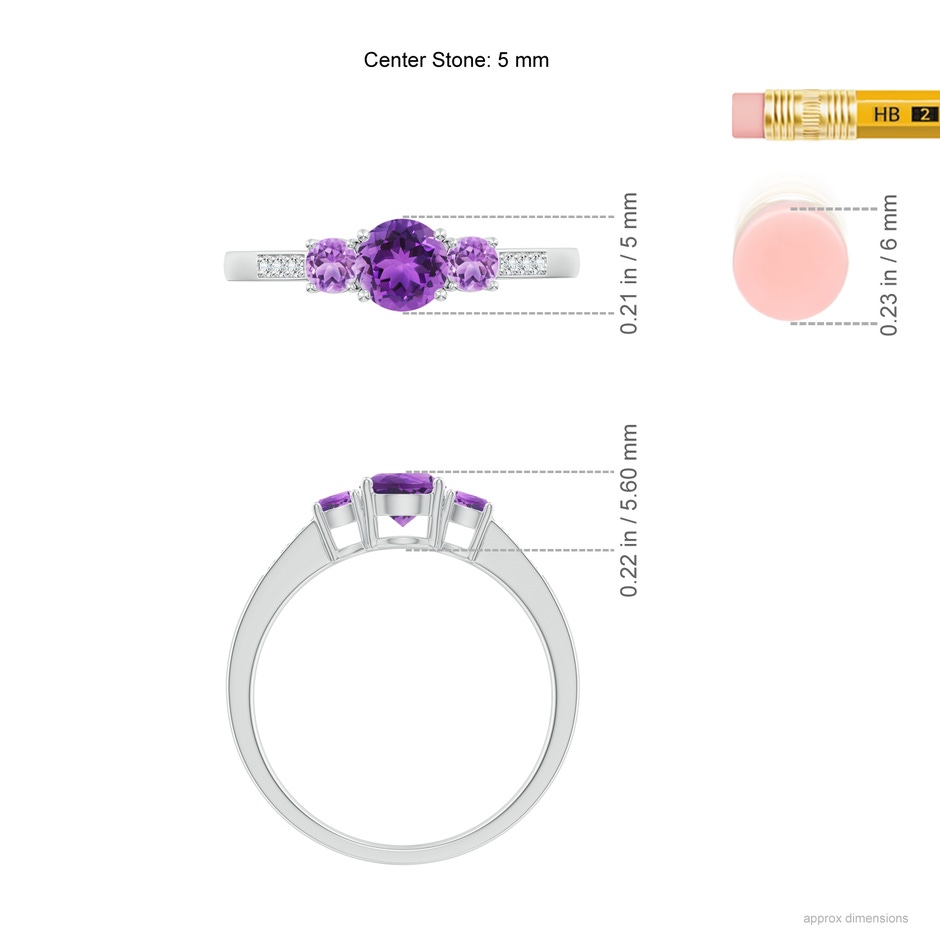 5mm AAA Three Stone Round Amethyst Ring with Diamond Accents in 18K White Gold ruler
