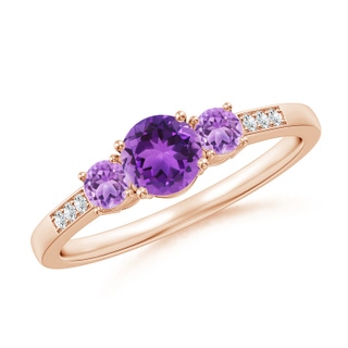 5mm AAA Three Stone Round Amethyst Ring with Diamond Accents in Rose Gold