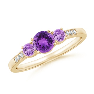 5mm AAA Three Stone Round Amethyst Ring with Diamond Accents in Yellow Gold