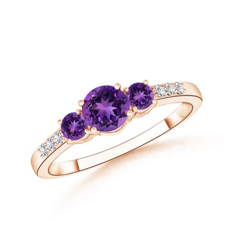 5mm AAAA Three Stone Round Amethyst Ring with Diamond Accents in 10K Rose Gold