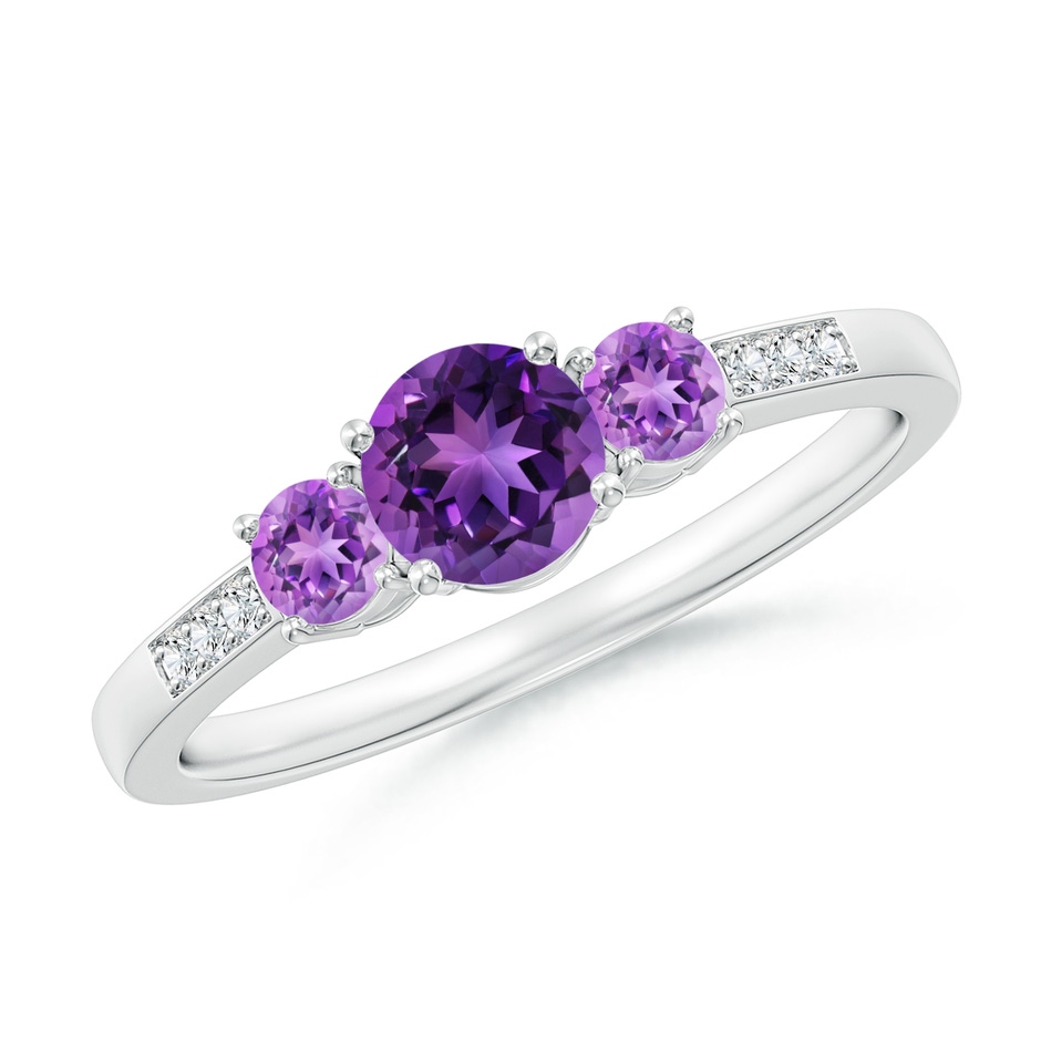 5mm AAAA Three Stone Round Amethyst Ring with Diamond Accents in 18K White Gold 
