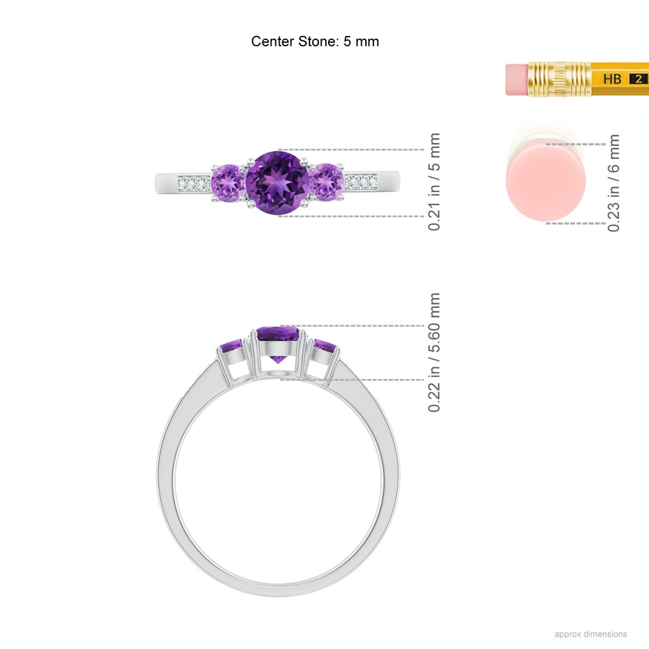5mm AAAA Three Stone Round Amethyst Ring with Diamond Accents in 18K White Gold ruler