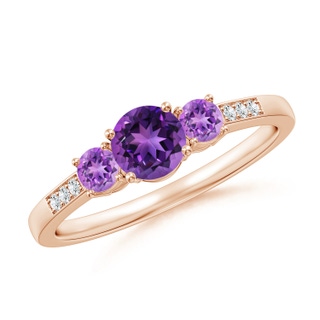 5mm AAAA Three Stone Round Amethyst Ring with Diamond Accents in 9K Rose Gold