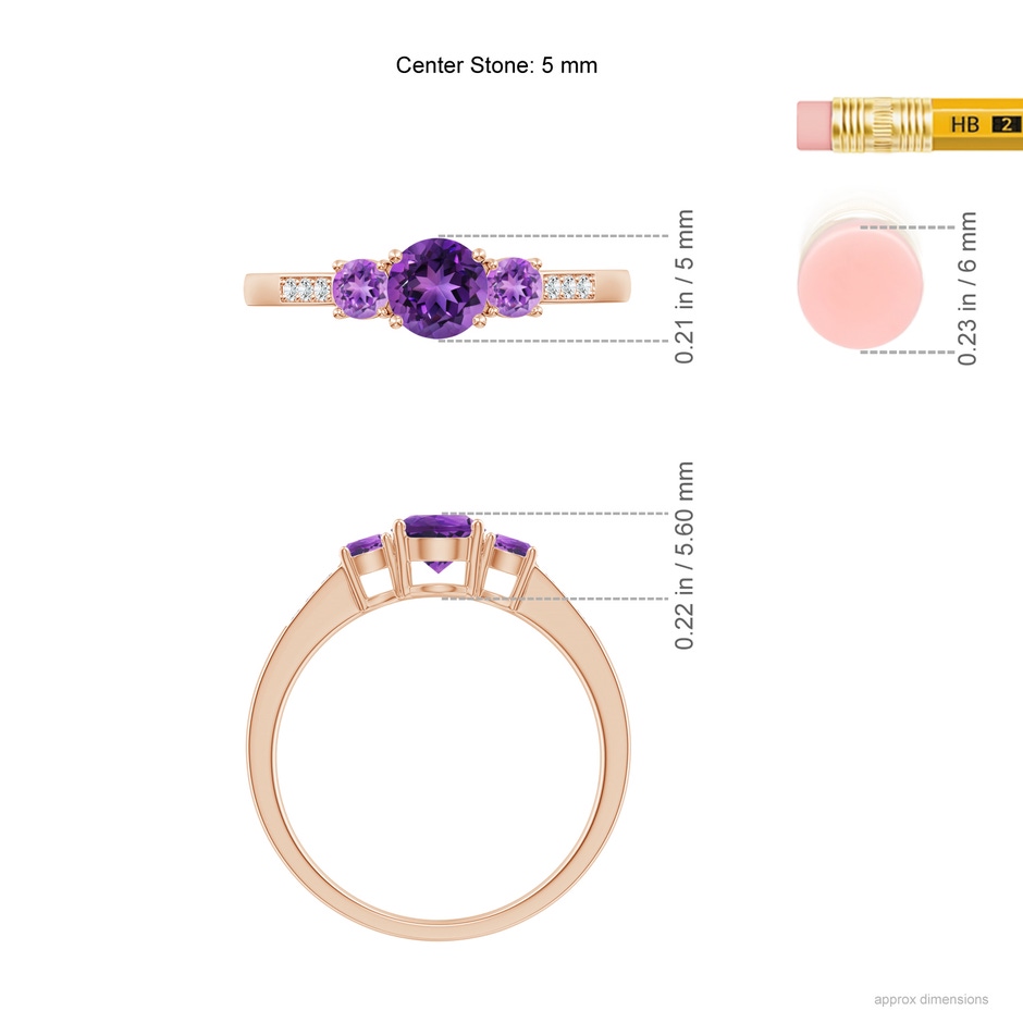 5mm AAAA Three Stone Round Amethyst Ring with Diamond Accents in Rose Gold ruler