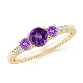 5mm AAAA Three Stone Round Amethyst Ring with Diamond Accents in Yellow Gold