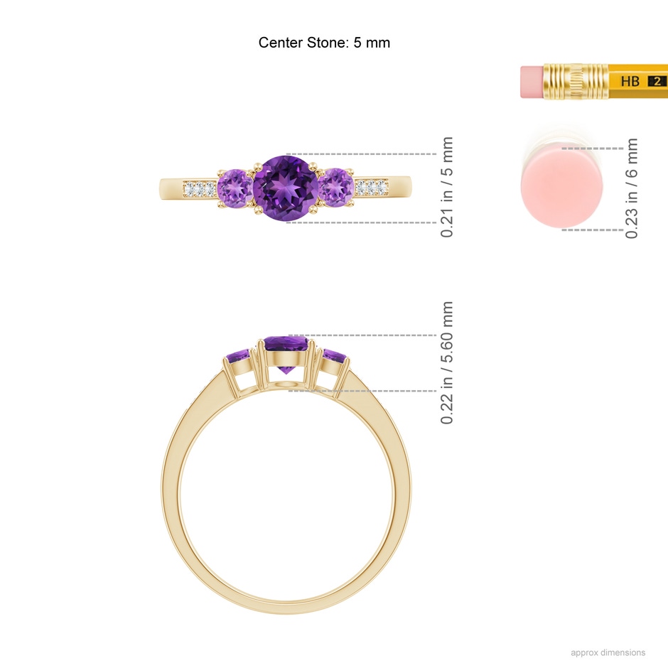 5mm AAAA Three Stone Round Amethyst Ring with Diamond Accents in Yellow Gold ruler