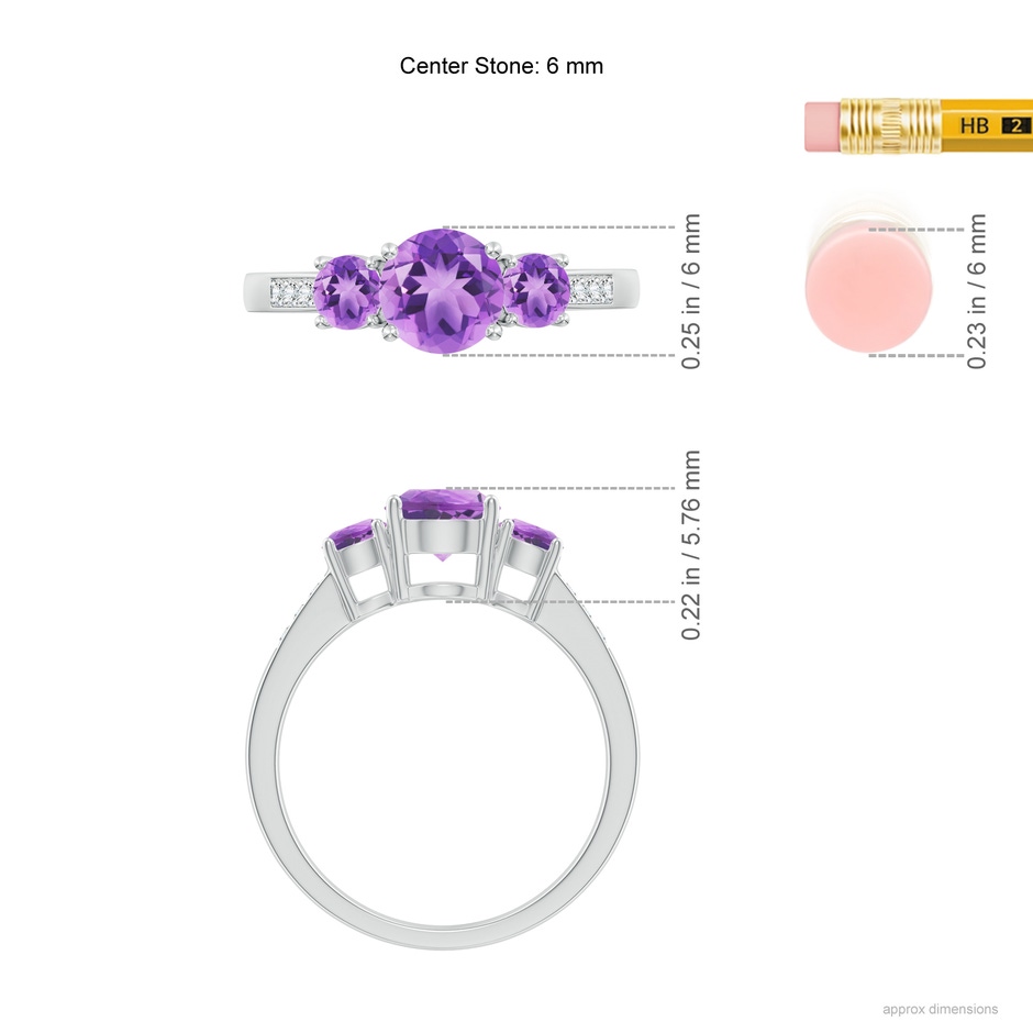 6mm A Three Stone Round Amethyst Ring with Diamond Accents in 18K White Gold ruler