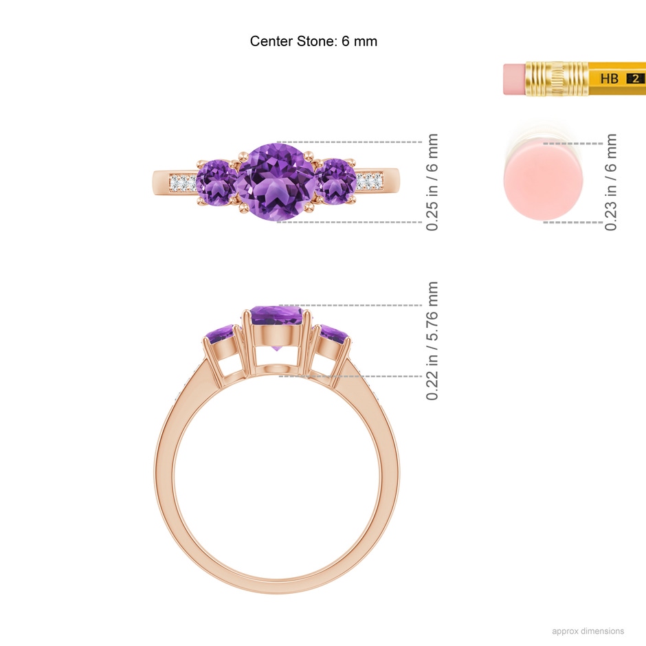 6mm AA Three Stone Round Amethyst Ring with Diamond Accents in 18K Rose Gold ruler