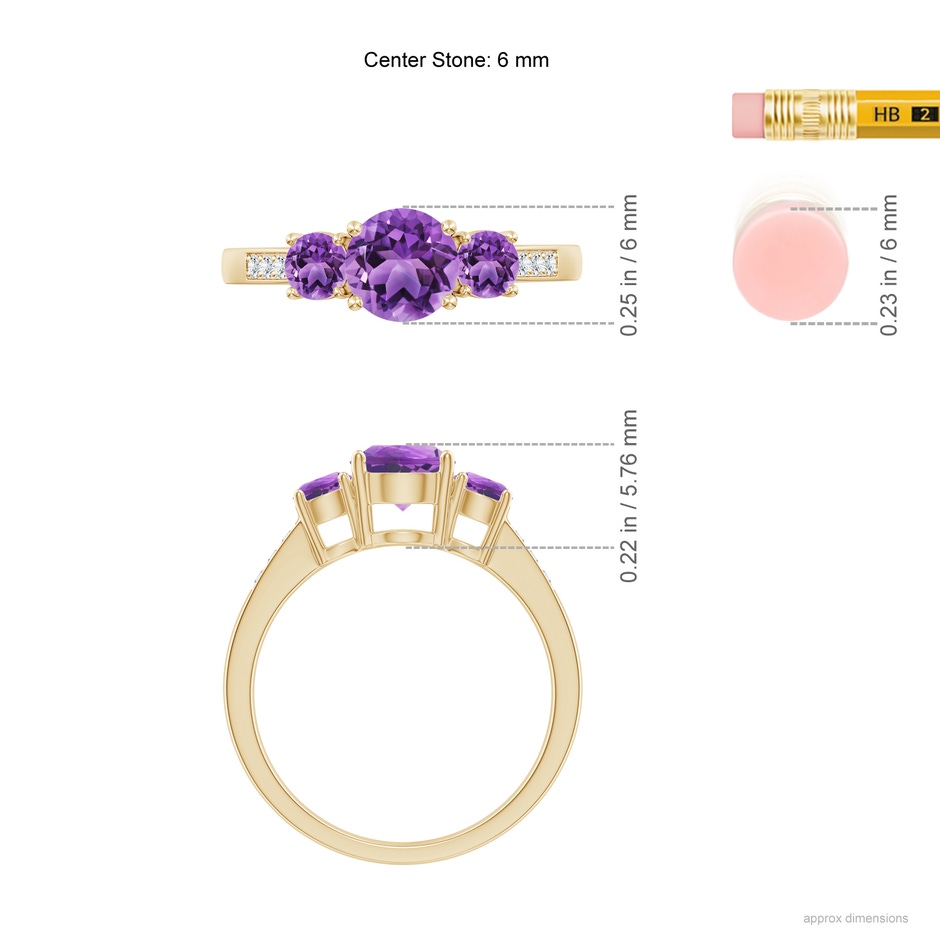 6mm AA Three Stone Round Amethyst Ring with Diamond Accents in 18K Yellow Gold ruler