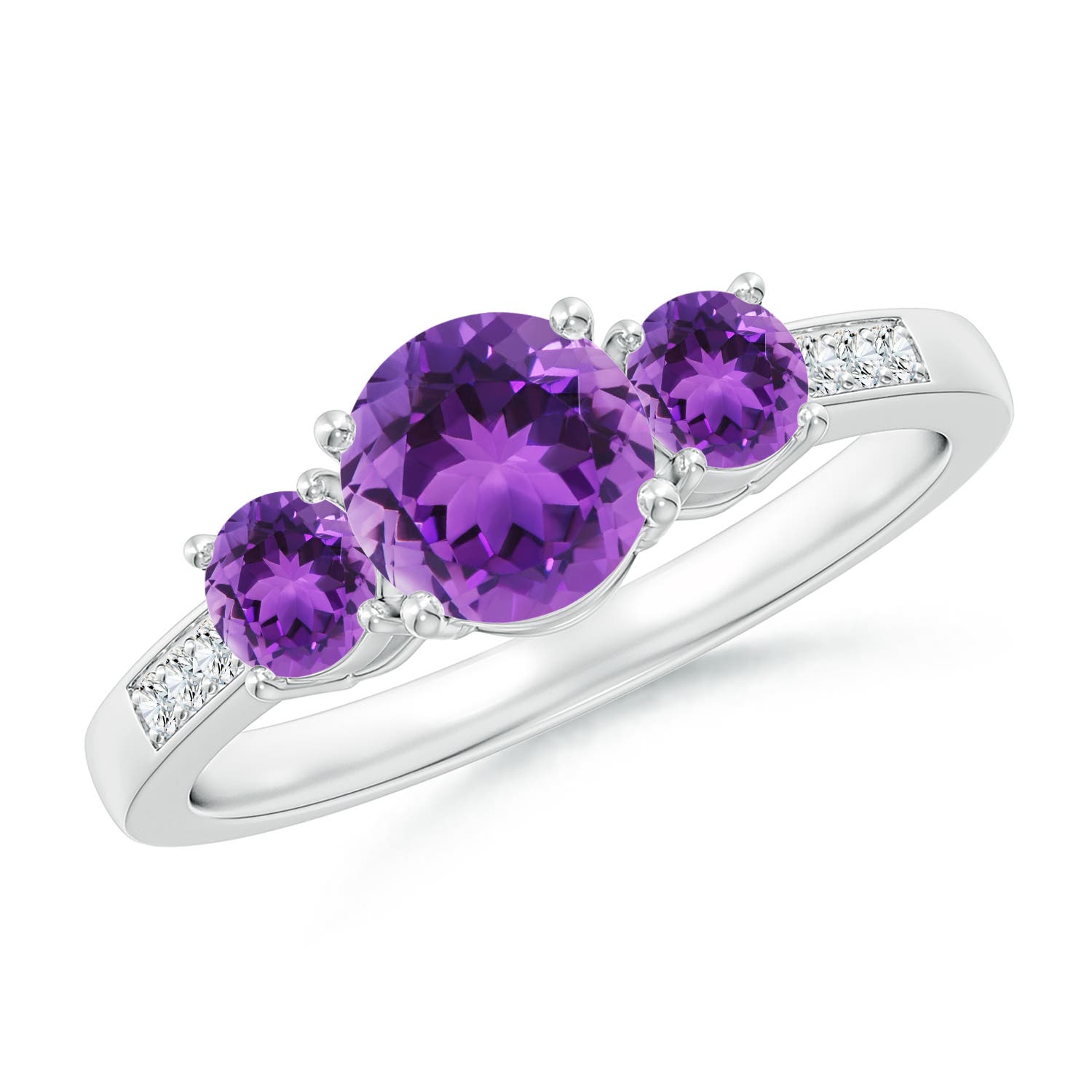 6mm AAA Three Stone Round Amethyst Ring with Diamond Accents in 18CT White Gold