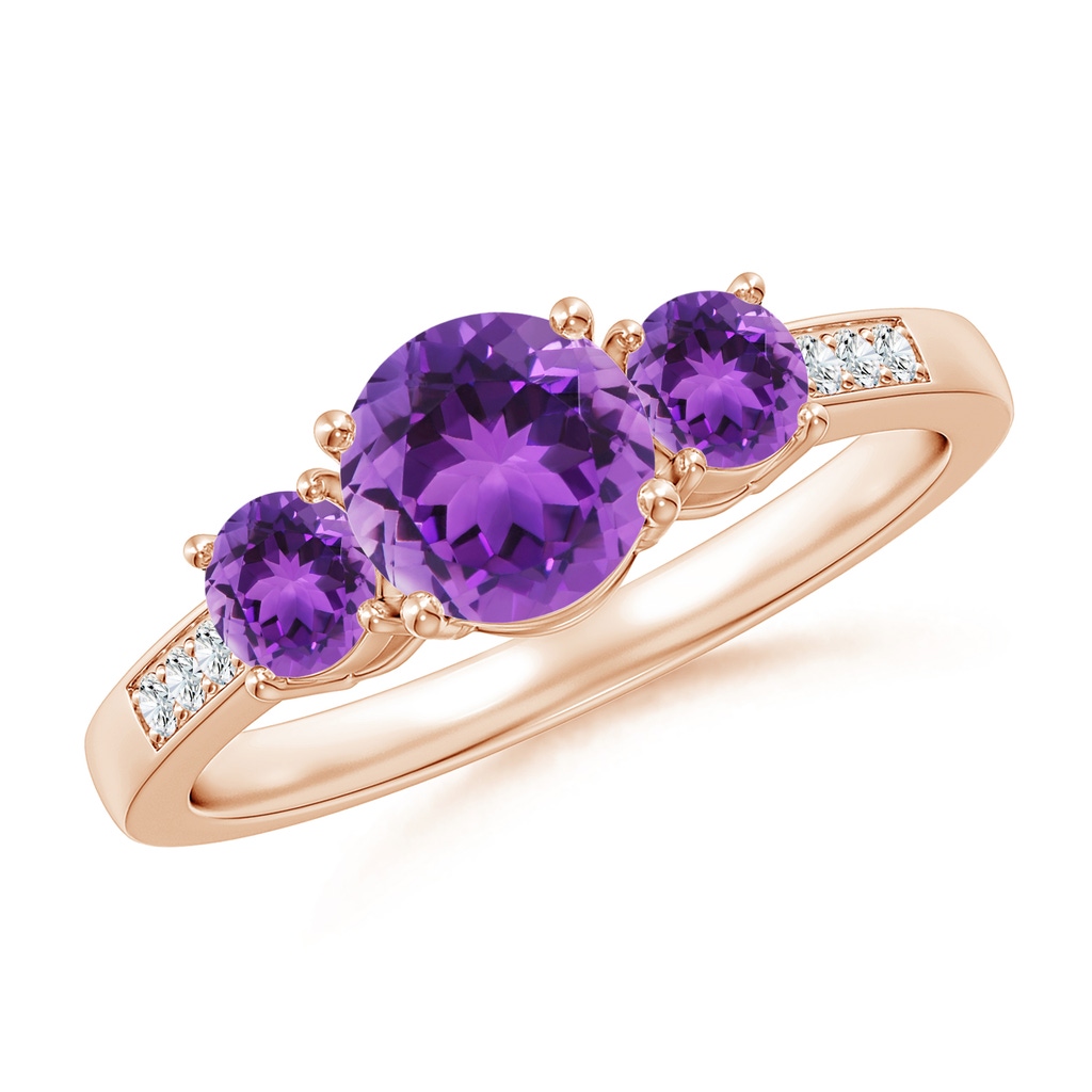 6mm AAA Three Stone Round Amethyst Ring with Diamond Accents in Rose Gold