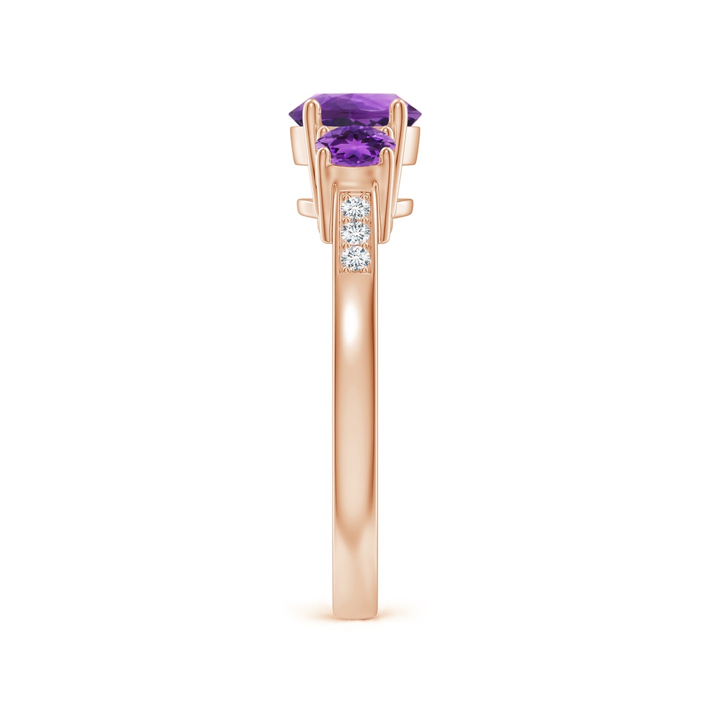 6mm AAA Three Stone Round Amethyst Ring with Diamond Accents in Rose Gold Side-2