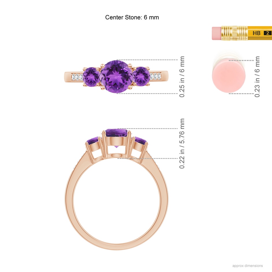 6mm AAA Three Stone Round Amethyst Ring with Diamond Accents in Rose Gold ruler