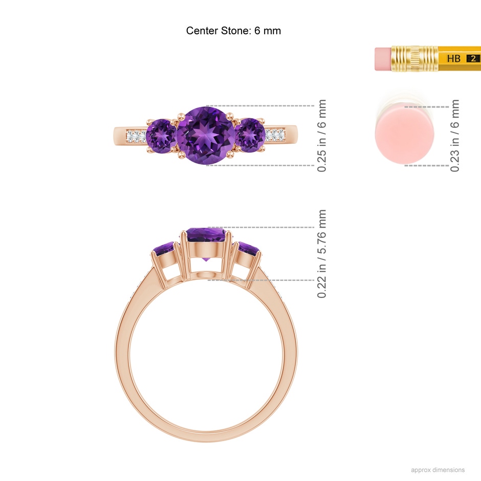 6mm AAAA Three Stone Round Amethyst Ring with Diamond Accents in 18K Rose Gold ruler